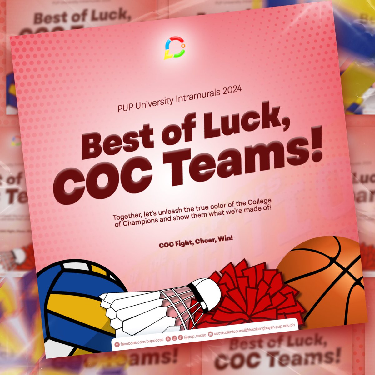 PUP_COCSC's tweet image. COC FIGHT! GO, FIGHT, CHEER, WIN! 📣

The College of Champions is ready to bring home success in our university intramurals for the academic year 2024-2025!

COCians, give your loudest cheers and show all-out support for our athletes in their upcoming games!

#UI2024  
#PUPCOCSC
