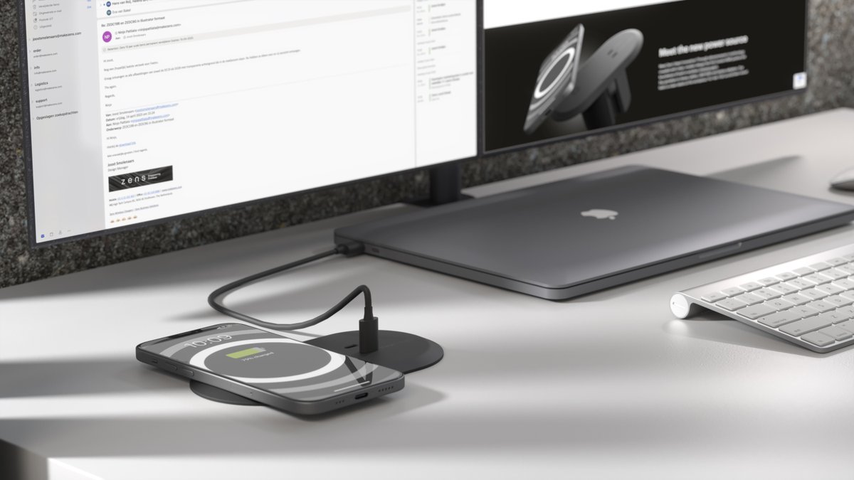Tired of messy cables on your desk? The Zens PuK 2x USB-C Built-in Wireless Charger is your solution! Charge your laptop, mobile phone, and a third device all from one sleek, integrated charger. With the 5W wireless charger, you can power up your Qi-compatible devices like