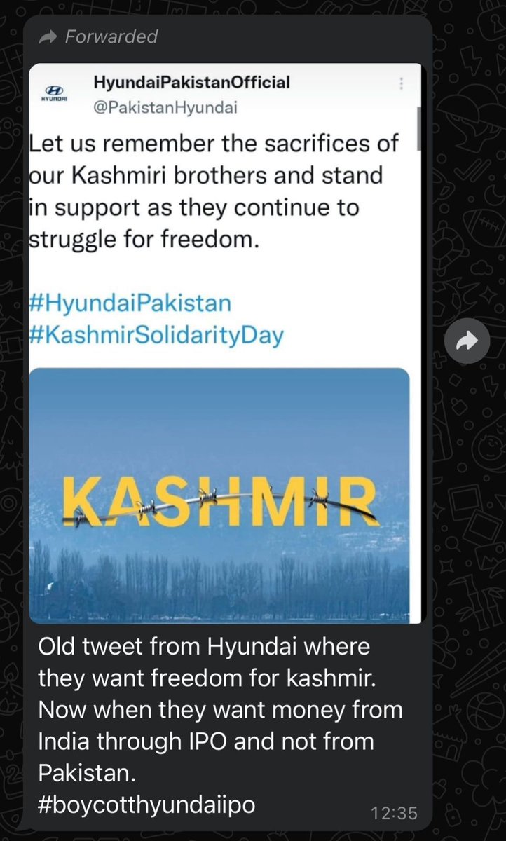 Sharmapk062's tweet photo. “BECAUSE SAME HYUNDAI IN PAKISTAN WANTED KASHMIR FREE FROM INDIA”* Hyundai in India wants Rs 25000/- crores in India via IPO, did Hyundai declare this in public domain as to  Hyundai set up in PAKISTAN WANTED.*
*SHAME*
*This IPO must be❌🚫 boycotted by patriotic Indians🇮🇳* https://t.co/UqPqC3bsWW