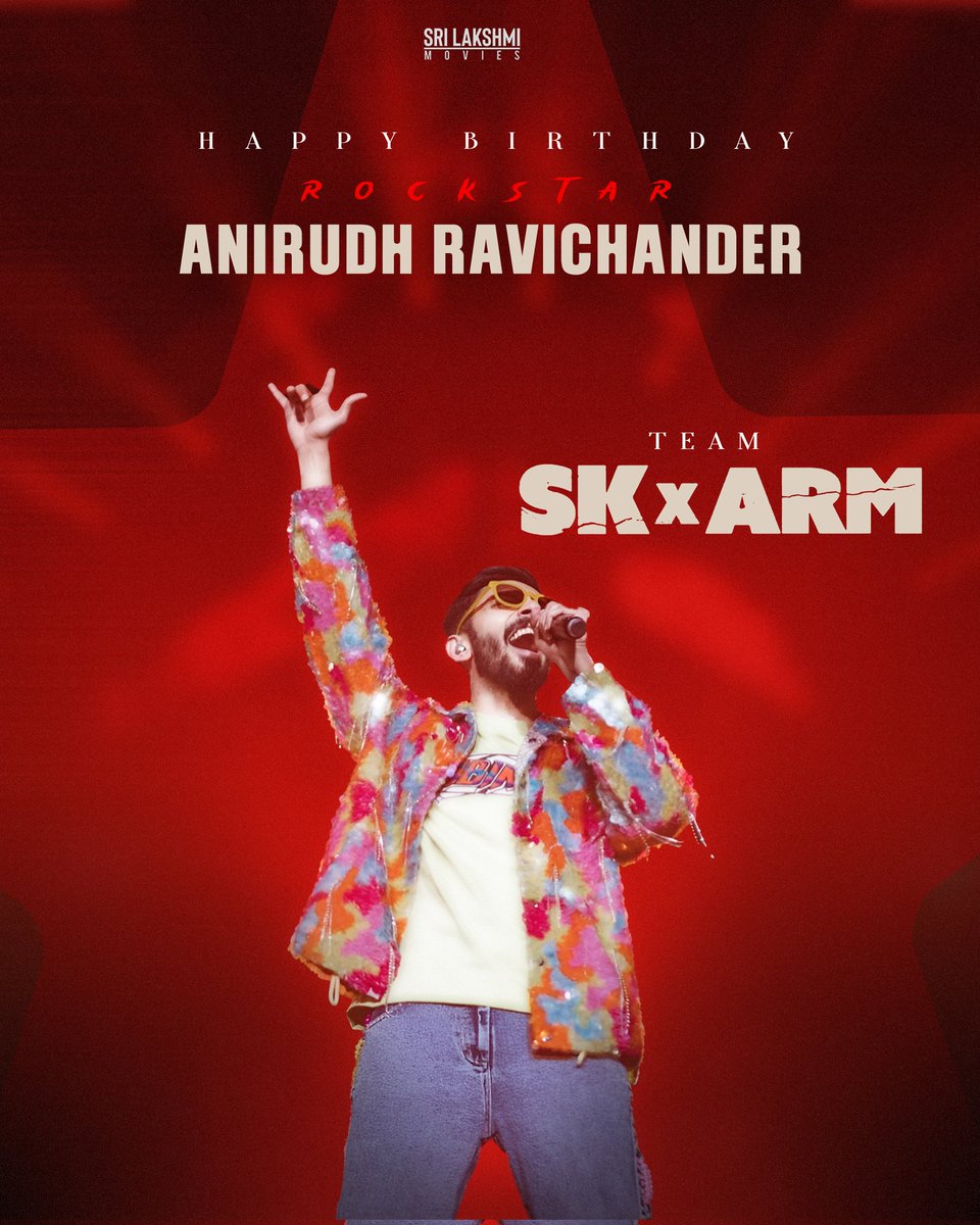 Sri Lakshmi Movies (@srilakshmimovie) on Twitter photo The man who keeps churning one chartbuster after the other and the musician who has caught the public pulse like no one else has ❤🔥
Happy Birthday Rockstar <a href="/anirudhofficial/">Anirudh Ravichander</a> 🎼
-Team #SKxARM 🫶
<a href="/SriLakshmiMovie/">Sri Lakshmi Movies</a> <a href="/Siva_Kartikeyan/">Sivakarthikeyan</a>
<a href="/ARMurugadoss/">A.R.Murugadoss</a> <a href="/VidyutJammwal/">Vidyut Jammwal</a> #BijuMenon The man who keeps churning one chartbuster after the other and the musician who has caught the public pulse like no one else has ❤🔥
Happy Birthday Rockstar <a href="/anirudhofficial/">Anirudh Ravichander</a> 🎼
-Team #SKxARM 🫶
<a href="/SriLakshmiMovie/">Sri Lakshmi Movies</a> <a href="/Siva_Kartikeyan/">Sivakarthikeyan</a>
<a href="/ARMurugadoss/">A.R.Murugadoss</a> <a href="/VidyutJammwal/">Vidyut Jammwal</a> #BijuMenon