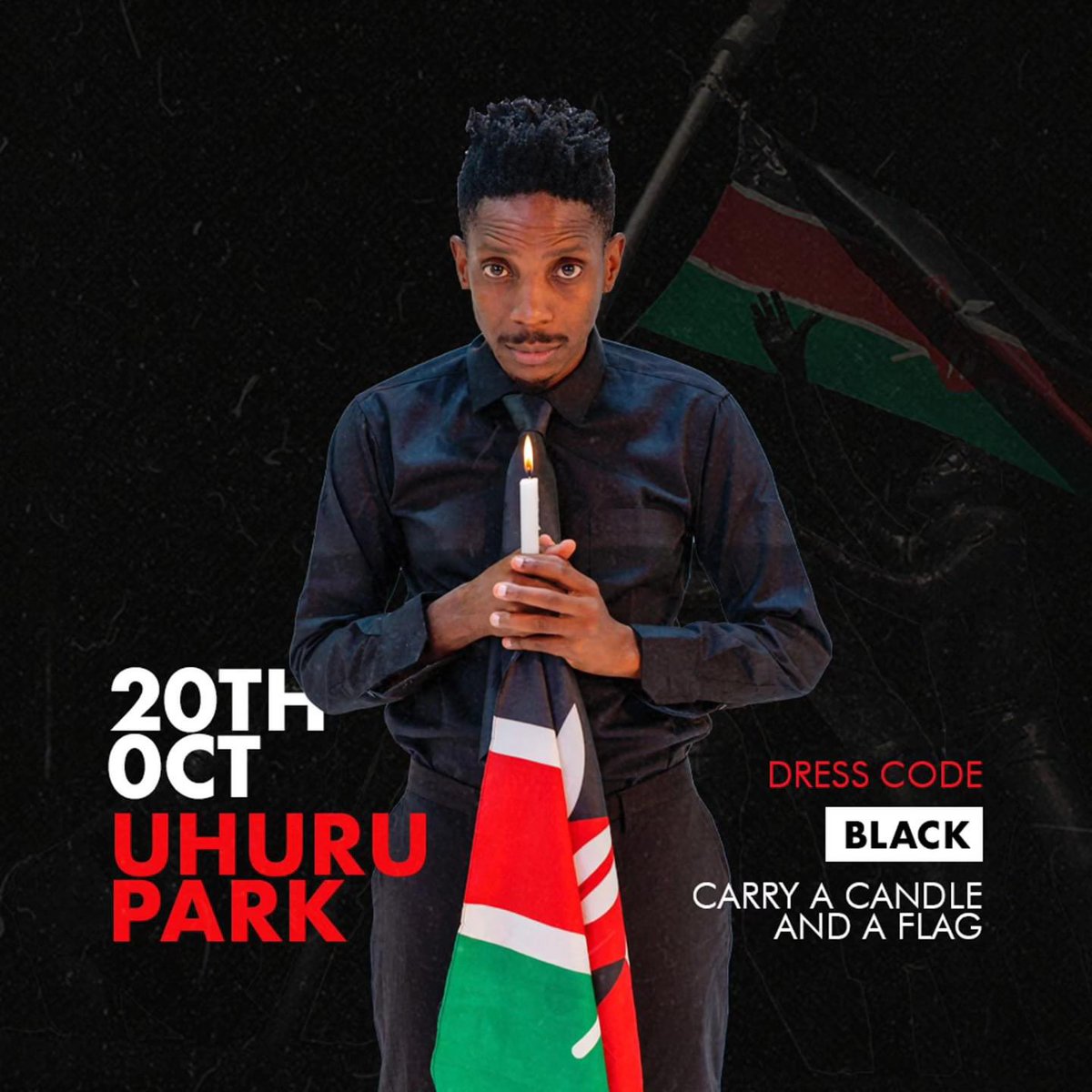 Calling upon Kenyans from all Corners of this Nation to Join us as we Celebrate our FALLEN HEROES at 📍Uhuru Park this Sunday 20th. 
Every Generation has its  hero’s and these are Ours. Carry a Flag 🇰🇪and a 🕯️ . Program Starts at 9AM. DONT MISS.
#MashujaaWetu 20.10.24