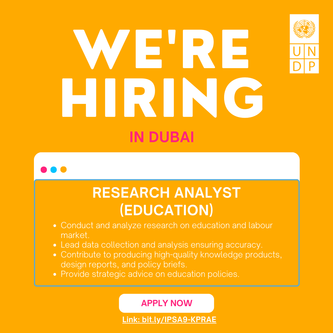 knowledge4All1's tweet image. 🌟 Exciting opportunity at @UNDP in 📍Dubai 🇦🇪!

We&apos;re looking for a #ResearchAnalyst (Education) to join our team. Contribute to impactful global initiatives through the 🌍📚 Knowledge Project.

Apply by 27 October 👉 bit.ly/IPSA9-KPRAE

#UNDPJobs #DubaiCareers #UAEJobs