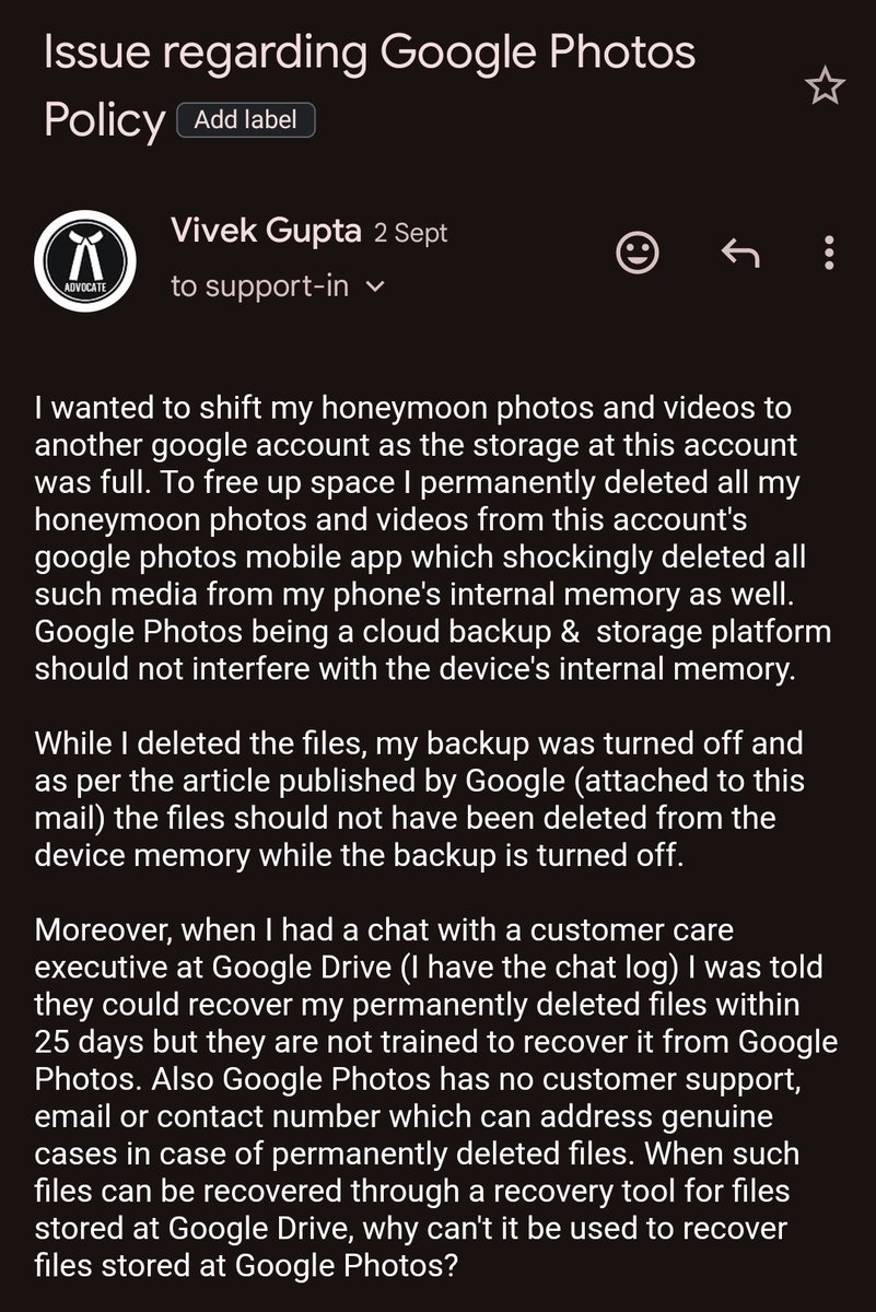 vivekguptablp's tweet photo. @Google @GoogleIndia @googlephotos @sundarpichai @_SanjayGupta Hello, I am sharing this on X as I have not received any assistance from your end on the e-mail. Please address my issue as it is of extreme importance to me. Please find the screenshot of the e-mail. Thank you. https://t.co/8eOIJqX312
