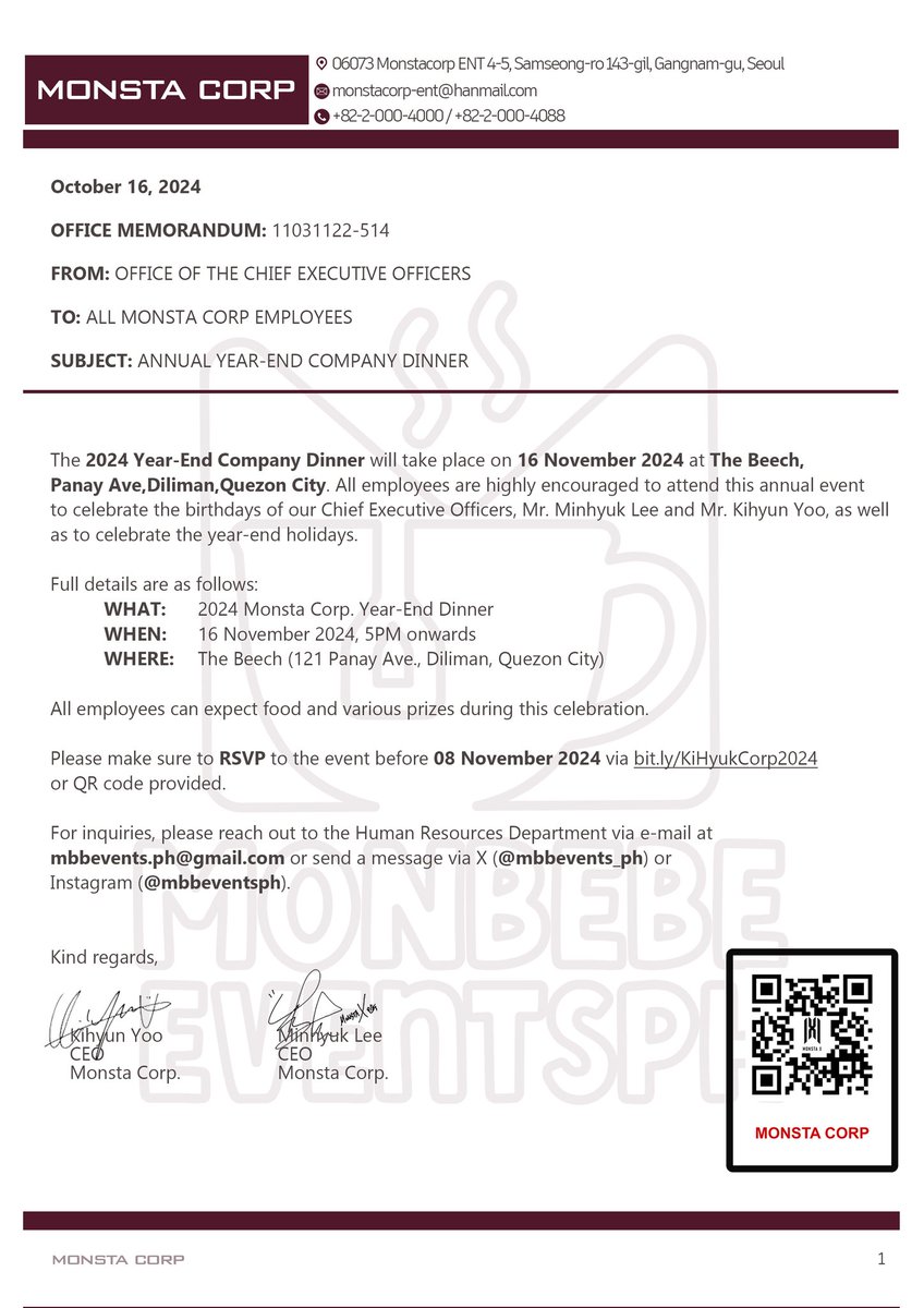 mbbevents_ph's tweet photo. 📢 📢 URGENT ANNOUNCEMENT FROM THE OFFICE OF THE CEOS
The 2024 Monsta Corp Year-End Dinner will be on Nov 16.
All Monbebe are highly encouraged to attend.
Please see attached memo and RSVP thru the HR Department at https://t.co/neWMh6qgjG
#MonstaCorp #MonstaCorpPartyTime https://t.co/kNe4zYJomE