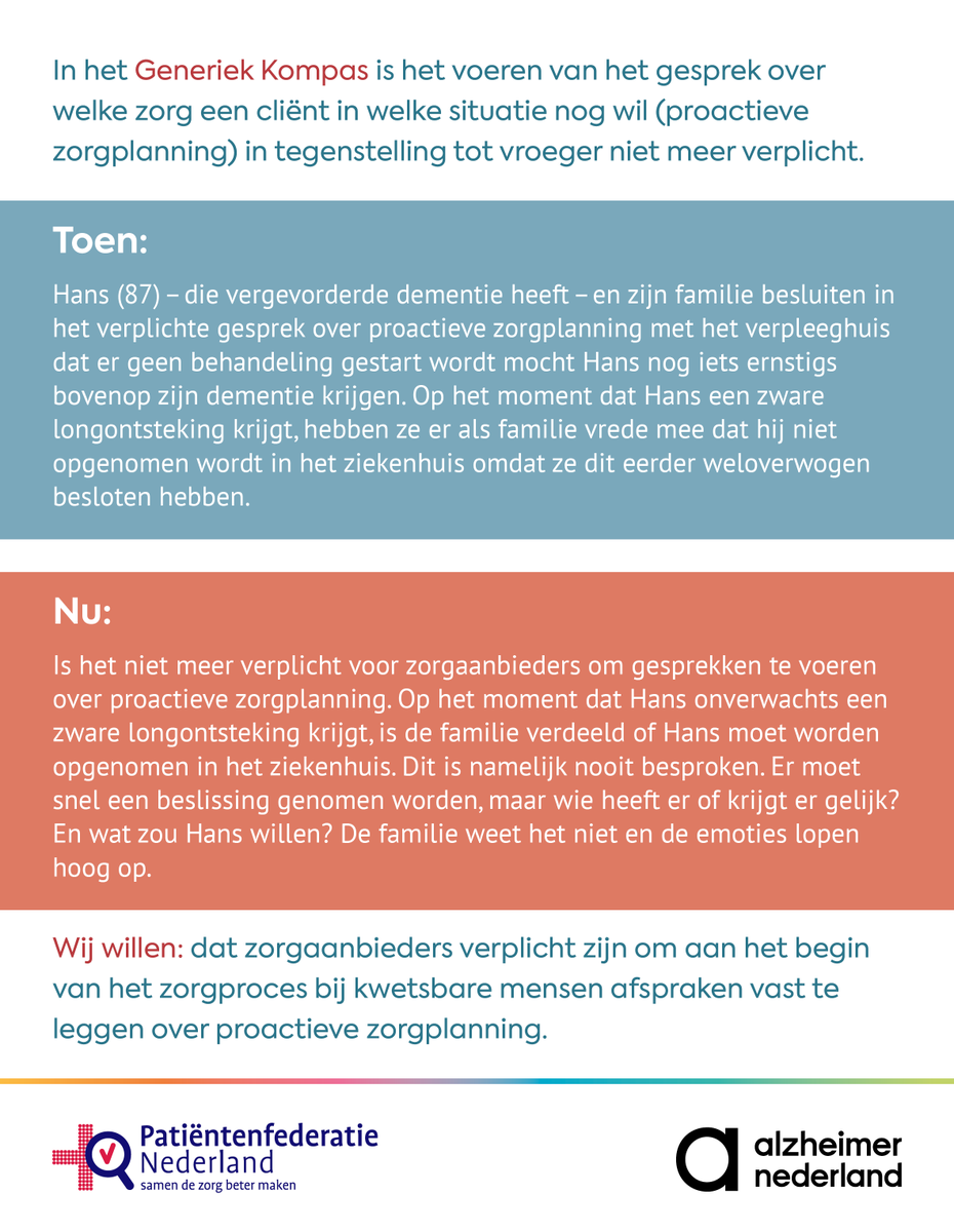 Wij maken ons grote zorgen over de nieuwe kwaliteitsafspraken in het Generiek Kompas.  

Zorgaanbieders zijn bijvoorbeeld niet meer verplicht aan proactieve zorgplanning te doen🤷‍♂️ 

Dit kan grote gevolgen hebben voor kwetsbare mensen en hun naasten. #ouderenzorg