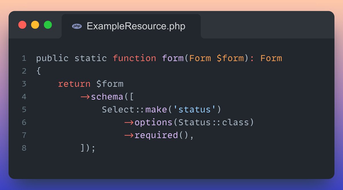 CodeWithDennis's tweet image. Did you know that you can easily populate your #filamentphp select options using your enum class? Just pass the enum class into the options method, and it will automatically fill in the available options for you!