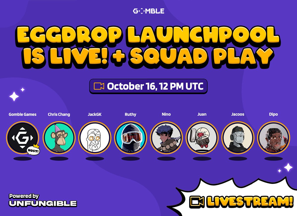 EggDrop Launchpool #2 Live Broadcast goes live in 3 hours.  

Join us at 12 PM UTC &amp; win redeem codes to get 150 🥊in-game! 

Ft. @chris_GOMBLE, <a href="/ruthybuilds/">ruthy</a>, <a href="/jack_gk/"></a>, <a href="/0xDipo/">Dipo ✍️</a>, <a href="/JacoosJacoos/">Jacoos</a>, @Nino_Web3, <a href="/0xfJuan/">Juan</a>