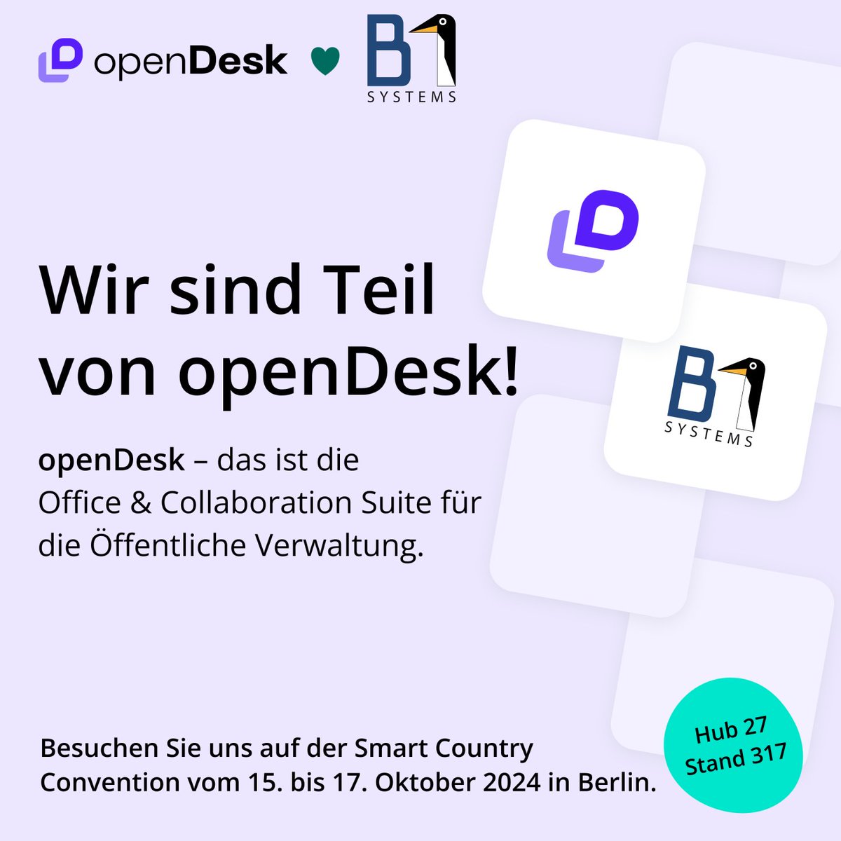 Besucht unseren #openDesk Gemeinschaftsstand 317 auf der Smart Country Convention #SCCON24! 🚀

openDesk – die ideale Lösung  für moderne Zusammenarbeit in der Verwaltung, die volle digitale  Souveränität gewährleistet