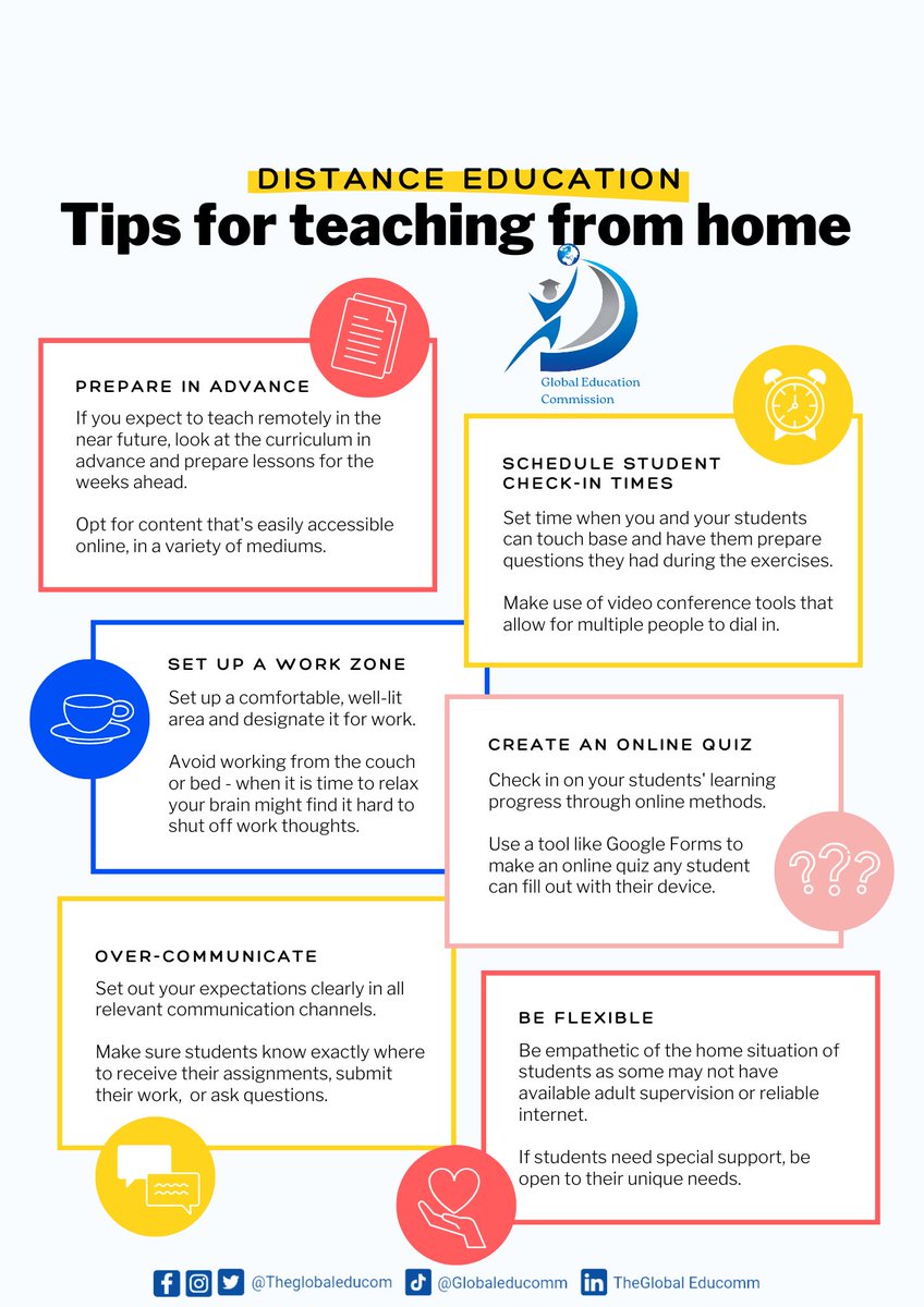theGlobalEduCom's tweet photo. For Distance Learning Teachers
Tips from Teaching At Home
- Prepare in Advance
- Schedule Students Check-in Time
- Set-up a Work Zone
- Create an Online Quiz
- Over Communicate
- Be Flexible
We hope this helps a Teacher out there.
#GeduC
#GEC
#Teacher
#VirtualTeacher https://t.co/BomVZRUBdR
