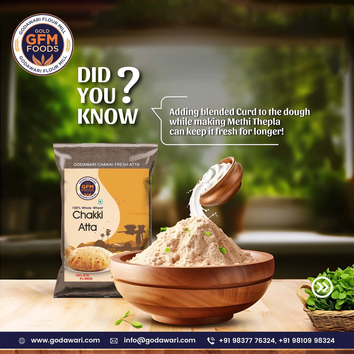 GodawariMill's tweet image. Did you know? Adding a splash of curd to your Methi Thepla dough can keep it fresh for longer! 🥣 Try it with our Godawari Flour Mill's 100% whole wheat atta for a delicious and nutritious.

Contact us Today:

📞 8267919501

#GodawariFlourMill #QualityFlour #Chakkiatta #Healthy