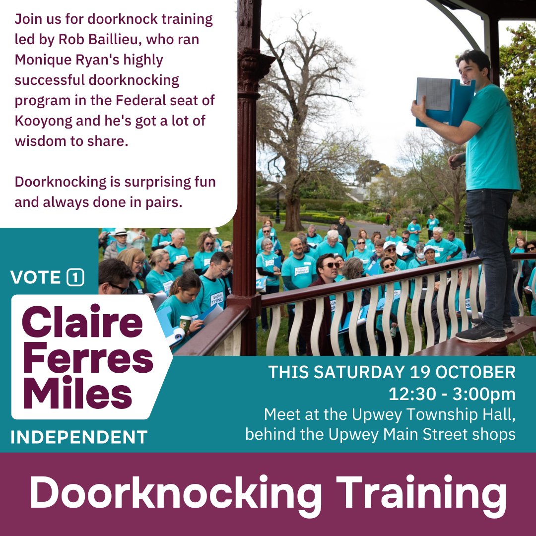 Claire Ferres Miles - Independent for Casey (@claire4casey) on Twitter photo It's time to step away from the keyboard and get your steps up outside. I'd love to see you this Saturday 19 Oct to learn from the best <a href="/rebaillieu/">Rob Baillieu</a> who will teach us everything we need to know about doorknocking with values and integrity. RSVP here - claireferresmiles.com/doornock_upwey… It's time to step away from the keyboard and get your steps up outside. I'd love to see you this Saturday 19 Oct to learn from the best <a href="/rebaillieu/">Rob Baillieu</a> who will teach us everything we need to know about doorknocking with values and integrity. RSVP here - claireferresmiles.com/doornock_upwey…