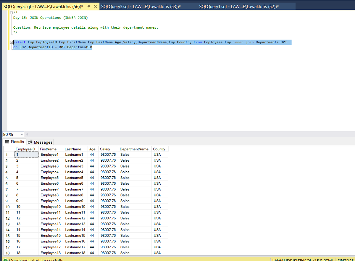 lawid3001's tweet image. Foundations of SQL
Day 15: JOIN Operations (INNER JOIN)
Question: Retrieve employee details along with their department names.
@analystsleague
@RxData_
@iam_daniiel
#30daysSQLChallenge