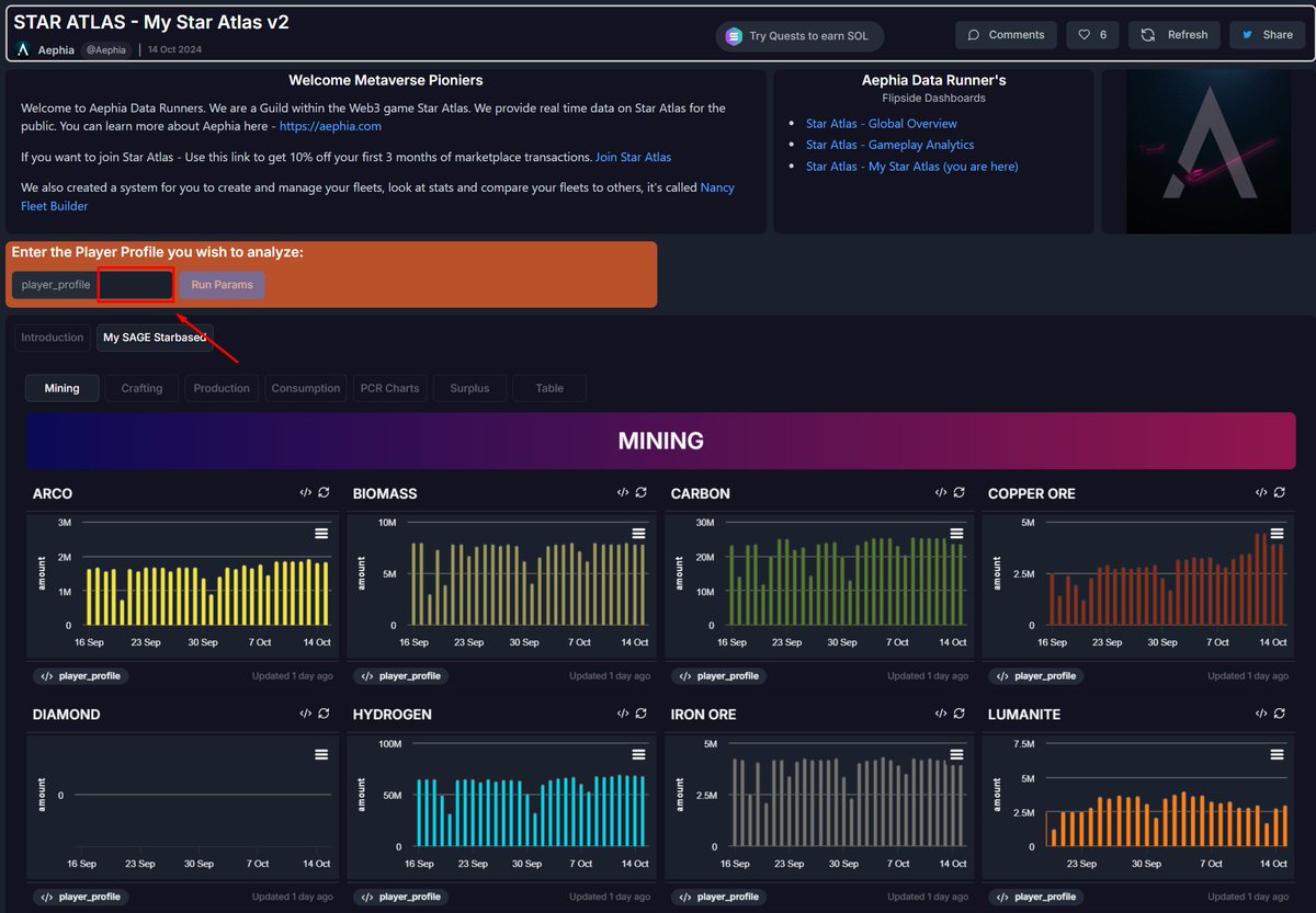aephia's tweet photo. We've build a new @StarAtlas dashboard called "My Star Atlas" 🚀

You'll need a free account on flipside to access this.

Enter your player profile in the box and you're good to go.

Let's have a closer look 🧐
 
1/6

➡️https://t.co/lSIND78R07

#WeAreStarAtlas #AephiaDataRunners https://t.co/hlR0DJOCe0