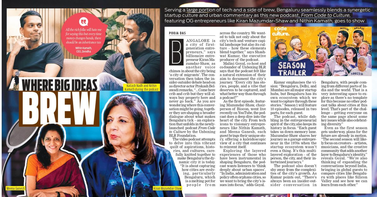 Serving a large portion of tech and a side of brew, Bengaluru seamlessly blends a synergetic startup culture and urban commentary as this new podcast, 'From Code to Culture', featuring OG entrepreneurs like Kiran Mazumdar-Shaw and Nithin Kamath, goes to show
 ✍️ <a href="/pooja_das49/">Pooja Das</a>