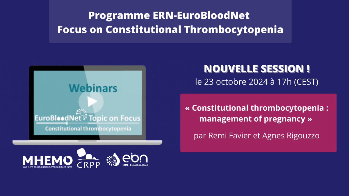 MHEMO (@filieremhemo) on Twitter photo 💻J-7 WEBINAIRE
Rendez-vous mercredi prochain à 17h pour la session "Constitutional thrombocytopenia management of pregnancy" du programme <a href="/ERNEuroBloodNet/">ERN EuroBloodNet</a> Focus on Constitutional Thrombocytopenia par Remi Favier et Agnes Rigouzzo.
📄Inscription gratuite urlr.me/rzq1D 💻J-7 WEBINAIRE
Rendez-vous mercredi prochain à 17h pour la session "Constitutional thrombocytopenia management of pregnancy" du programme <a href="/ERNEuroBloodNet/">ERN EuroBloodNet</a> Focus on Constitutional Thrombocytopenia par Remi Favier et Agnes Rigouzzo.
📄Inscription gratuite urlr.me/rzq1D