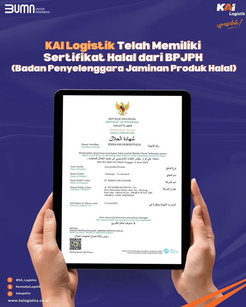 KA_Logistics's tweet photo. Hai, Sobat KALOG!
Tahukah? Sertifikasi halal tidak hanya berlaku untuk makanan saja loh, tetapi juga sangat penting untuk dimiliki bagi Jasa Logistik.
Simak selengkapnya di konten ini yuk!
#KAILogistik #Ispossible #halal #Logistikhalal https://t.co/3xXVWc9VIf