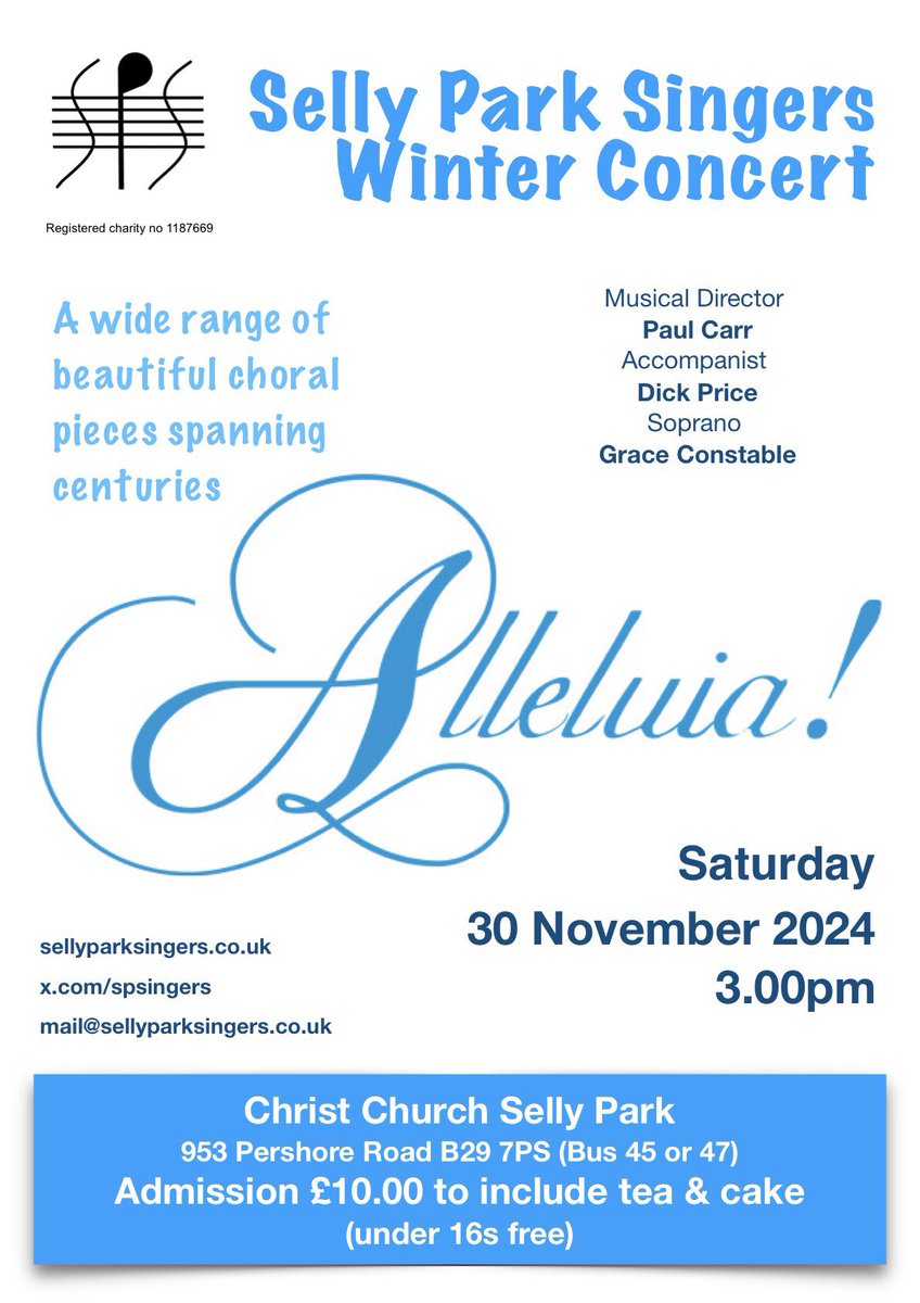 Tickets now available for our next concert…
£10 to include tea and cake - under 16s are free.
From any choir member or ask at mail@sellyparksingers.co.uk