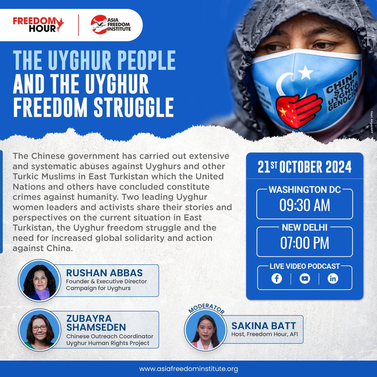 SakinaBatt's tweet photo. So glad to have the opportunity to moderate a panel that includes such inspiring women from the Uyghur community. @RushanAbbas @ZubayraZubeyre @AsiaFreedomInst
#uyghur #uyghurwomen #freedomhour #eastturkistan #tibet #china https://t.co/chPCmdtbuO