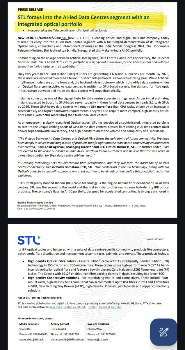 svijy3's tweet photo. #STERLITE TECH 125👀

 STL, a leading optical and digital solutions company, has entered the AI-led Data Centre segment with an integrated optical portfolio. https://t.co/SU5Z3JSyPb
