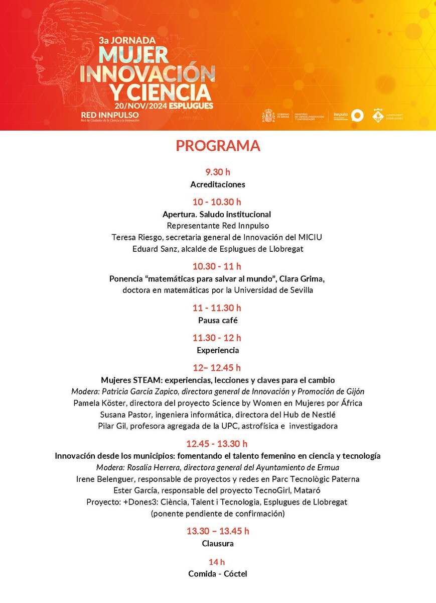 Red Innpulso (@redinnpulso) on Twitter photo 📣 ¡Atención! Ya está disponible el programa para la 3ª edición de Mujer, Innovación y Ciencia.
📅 20/11/2024
📍 Espai Corberó de Esplugues de Llobregat
Esta jornada, organizada por la Red Innpulso junto a <a href="/ajesplugues/">Ajuntament d'Esplugues de Llobregat</a>, busca sensibilizar a ciudades y ciudadanos/as sobre 👇 📣 ¡Atención! Ya está disponible el programa para la 3ª edición de Mujer, Innovación y Ciencia.
📅 20/11/2024
📍 Espai Corberó de Esplugues de Llobregat
Esta jornada, organizada por la Red Innpulso junto a <a href="/ajesplugues/">Ajuntament d'Esplugues de Llobregat</a>, busca sensibilizar a ciudades y ciudadanos/as sobre 👇
