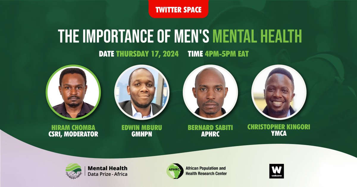 Join <a href="/MHDPrizeAFRICA/">Mental Health Data Prize-Africa</a> for a Twitter Space discussion on men's mental health in Africa. We'll explore the challenges men face, often overlooked due to societal stigma and limited awareness.

📅 Date: 17th October 2024  
🕒 Time: 4:00-5:00 pm 
📍 buff.ly/3Ytu37W