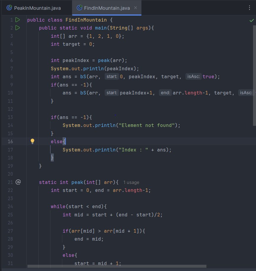 devscanlain's tweet image. Just learned the code for find peak in mountain array and find the target in mountain array in Java with DSA! 🚀Thanks @kunalstwt for the amazing guidance! 📷 #Java #DSA #LearningJourney