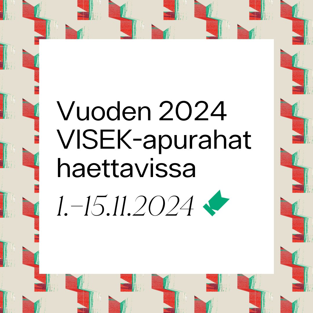 VISEK-apurahat tulevat haettavaksi marraskuussa. Apurahaa voivat hakea visuaalisen alan ammattitaiteilijat ja -taiteilijaryhmät.

❗Hakuaika on aikaisemmista vuosista poiketen vain 2 viikkoa, 1.–15.11.2024. 

👉 Tarkemmat hakuohjeet julkaistaan pe 1.11.

kuvasto.fi/2024/10/visek-…