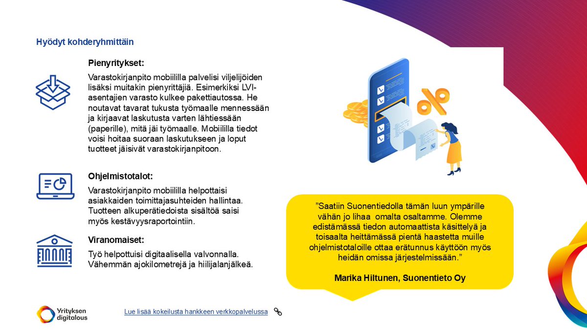 Yrityksen digitalous -hankkeen kokeilussa testattiin, miten tuote- ja erätietojen sisällyttäminen verkkolaskuun voi sujuvoittaa pienyrittäjien, kuten maanviljelijöiden, raportointia. 
Katso kuvista kokeilun lisätiedot!
#YrityksenDigitalous #Maanviljely #Raportointi