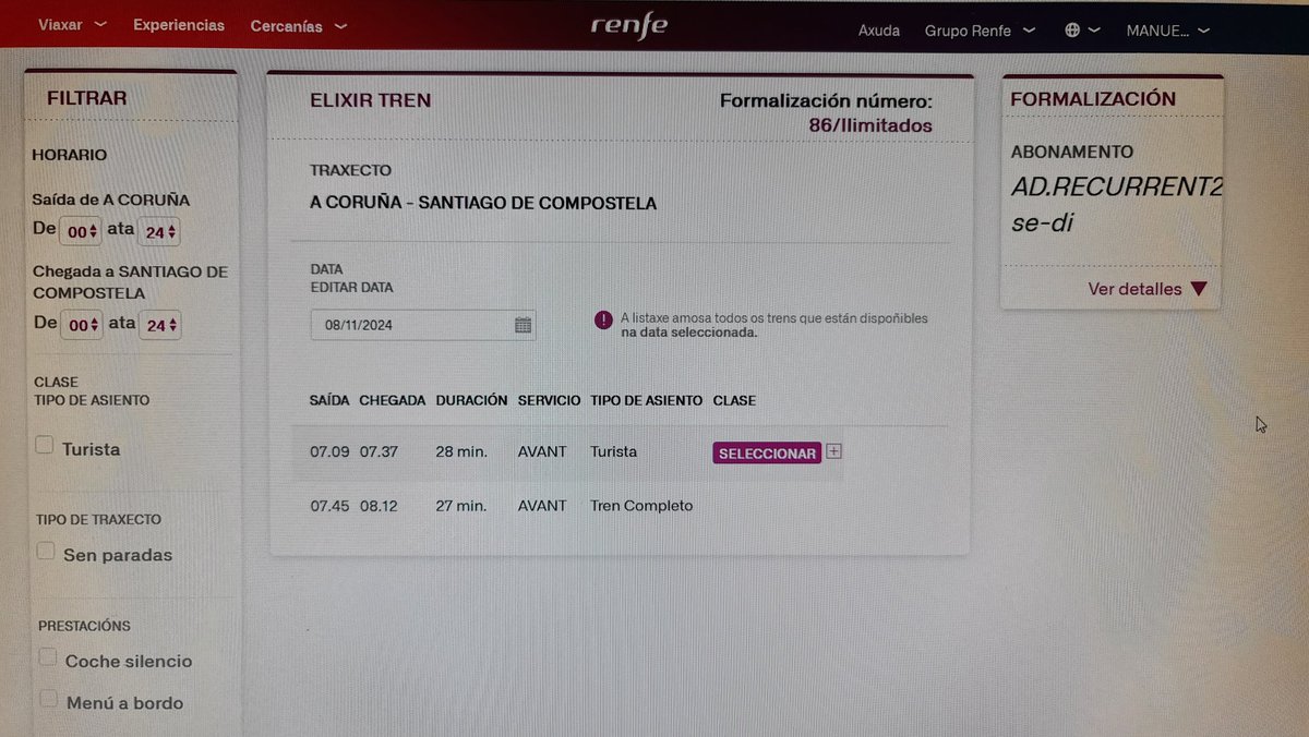 As 9 horas do 16 de outubro aínda segue sen ser posíbel formalizar viaxes de novembro na paxina web de <a href="/renfe/">Renfe</a> para as persoas que temos os bonos.
É bastante frustrante todo o que pasa en mobilidade en Galiza.
Desde os buses da túa vila (se tes) até os trens que vertebran o país.