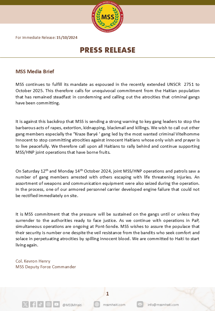 🚨MSS Media Alert: The violent grip of gangs in Haiti must be dismantled! We are taking a FIRM stance against these criminals and will confront them head on! Together,we have the strength to reclaim a peaceful Haiti for its people!#MSSforHaiti #World4Haiti #GlobalActionForHaiti