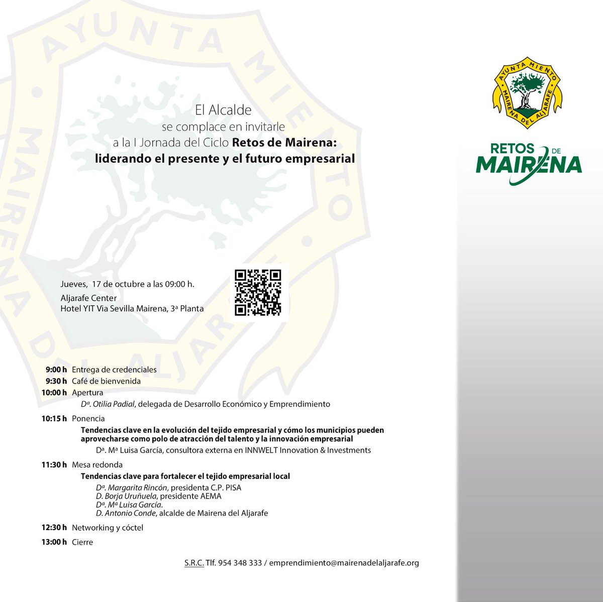 Mañana participamos en las jornadas Retos de Mairena: Liderando el presente y el futuro empresarial. Organizadas por el <a href="/MairenaAljarafe/">Mairena del Aljarafe</a> . 
<a href="/RinconMarga/">Marga Rincón</a> participa en dichas jornadas para aportar la visión de nuestro Parque. 
Inscripciones:  emprendimiento@mairenadelaljarafe.org