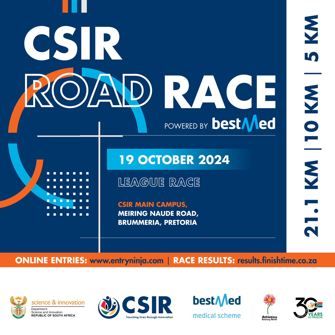 Only 3️⃣ days to #CSIRRace2024 🏆
Lace up &amp; join us Sat 19 October at the CSIR PTA for an EPIC race!
Online entries are now closed but late entries can be submitted at the <a href="/CSIRICC/">CSIR ICC</a> on 17 &amp; 18 Oct or at Run-A-Way Sport until 17 Oct
csir.co.za/csir-road-race 
Powered by <a href="/BestmedScheme/">Bestmed</a>