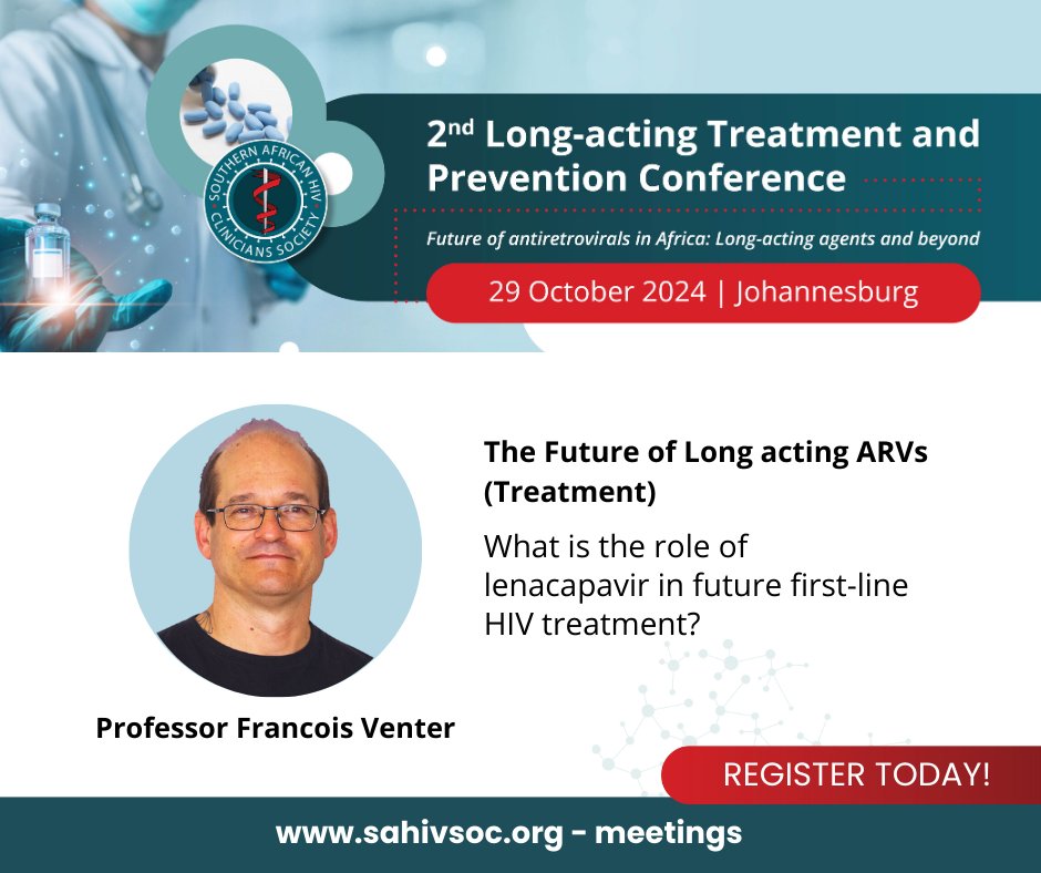 Join us for this exciting, one-day SAHCS conference! We’re looking forward to Prof Francois Venter's presentation on the role of #Lenacapavir and how it could redefine first-line #HIVtreatment. Register now 👉🏽 bit.ly/3V6F39u  <a href="/FrancoisVenter3/">Francois Venter</a> <a href="/SpotlightNSP/">Spotlight</a> <a href="/Bhekisisa_MG/">Bhekisisa</a>