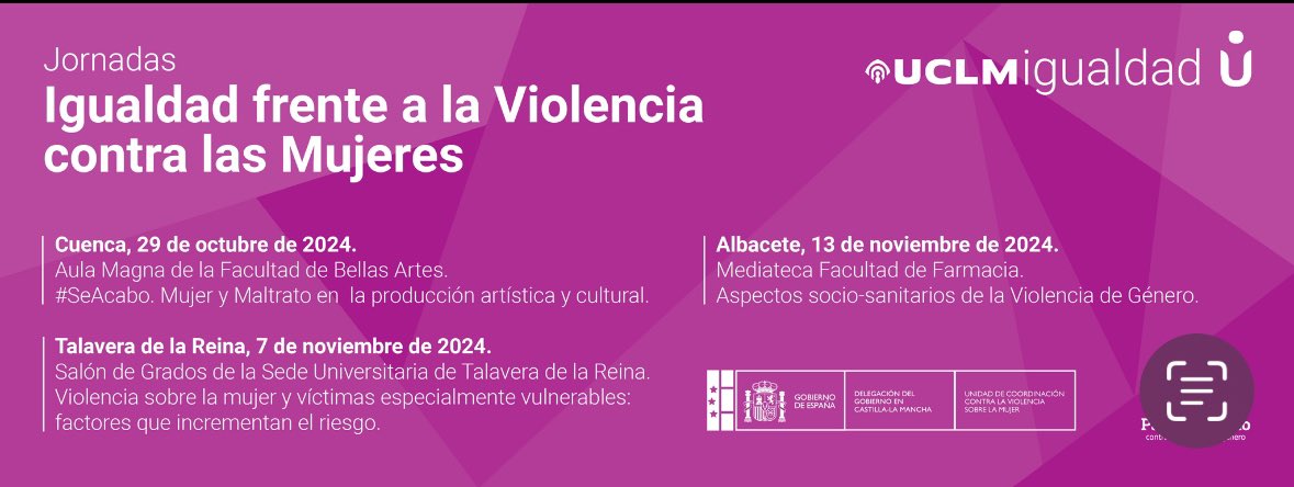 Delegada del Rector para Políticas de Igualdad (@igualdad_uclm) on Twitter photo En <a href="/uclm_es/">Universidad de Castilla-La Mancha</a> colaborando con <a href="/DGobiernoCLM/">Delegación del Gobierno en CLM</a>, organizamos nueva edición Jornadas formativas #Igualdad frente a #ViolenciaContraLasMujeres.
📅 Cuenca, 29 oct <a href="/BBAACuenca/">Bellas Artes Cuenca</a>
📅 Talavera, 7 nov <a href="/FacSoTI_UCLM/">Fac. CC.SS y TI Talavera de la Reina</a> <a href="/FacSalud_UCLM/">FacSalud_UCLM</a>
📅 Albacete, 13 nov <a href="/MedicinaAB/">MedicinaAB</a> <a href="/FarmaciaAB_UCLM/">Farmacia-ALB-UCLM.bsky.social</a> <a href="/Enfermeria_Ab/">Enfermería AB UCLM</a> En <a href="/uclm_es/">Universidad de Castilla-La Mancha</a> colaborando con <a href="/DGobiernoCLM/">Delegación del Gobierno en CLM</a>, organizamos nueva edición Jornadas formativas #Igualdad frente a #ViolenciaContraLasMujeres.
📅 Cuenca, 29 oct <a href="/BBAACuenca/">Bellas Artes Cuenca</a>
📅 Talavera, 7 nov <a href="/FacSoTI_UCLM/">Fac. CC.SS y TI Talavera de la Reina</a> <a href="/FacSalud_UCLM/">FacSalud_UCLM</a>
📅 Albacete, 13 nov <a href="/MedicinaAB/">MedicinaAB</a> <a href="/FarmaciaAB_UCLM/">Farmacia-ALB-UCLM.bsky.social</a> <a href="/Enfermeria_Ab/">Enfermería AB UCLM</a>