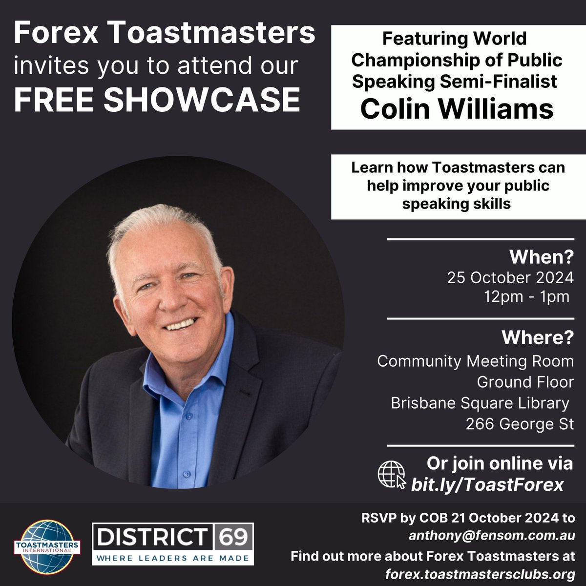 Want to become a confident public speaker? Meet Colin Williams, a #qld semi-finalist of the World Championship of Public Speaking! Join our showcase meeting on October 25 and learn secrets from one of the best: meetup.com/inner-brisbane… #publicspeaking #brisbane #toastmasters