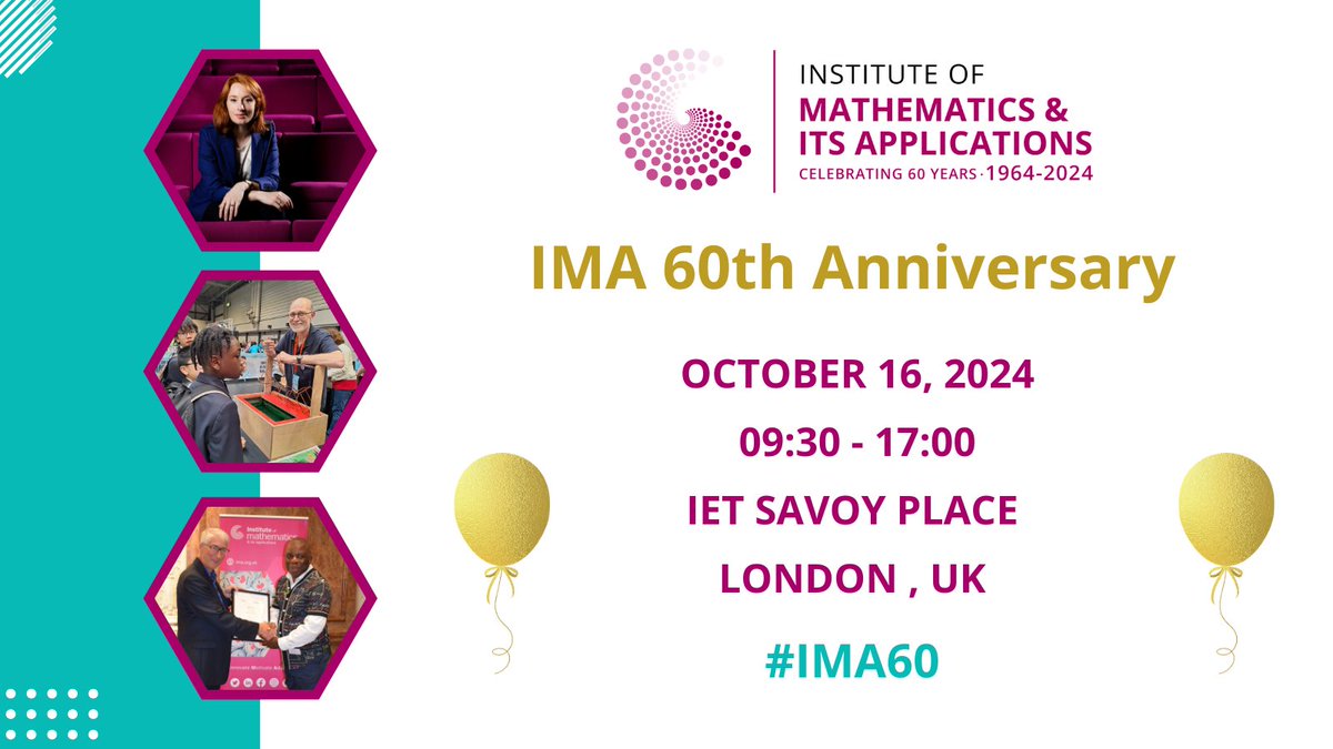 IMAmaths's tweet photo. It's finally the day! We're so excited to welcome you to our 60th Anniversary event at the IET today. Morning registration is from 9.30am and the day will formally begin at 10:30. See you there!
#IMA60 https://t.co/tP6v3Dt69L