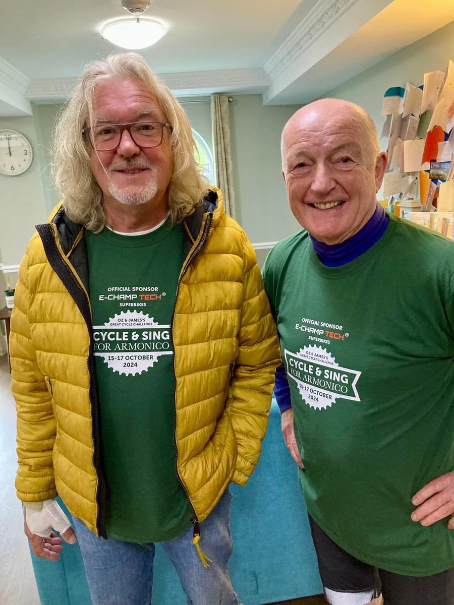 ozclarke's tweet photo. May and I are cycling round the Midlands with Armonico Consort raising money for Dementia Homes. We’re singing in them too- James and I holding up a fairly dodgy bass line and mastering ‘Do the Wang’. Then it’s pints of foaming ale, old and filthy red and spam’n beans de luxe.Yum https://t.co/AKIA6J7TGx