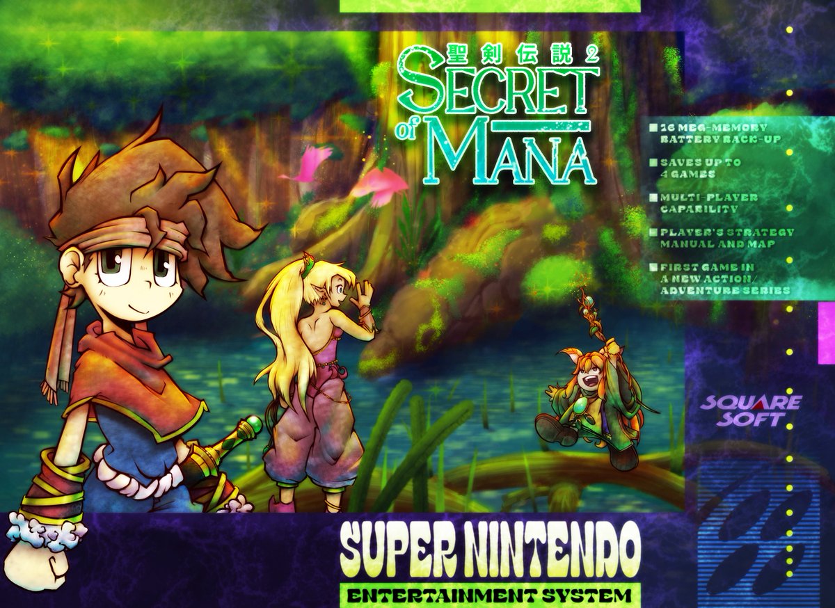 seedrust's tweet photo. quick dump of old art from last year/eariler this year. 
1: snes zine secret of mana redraw
2: umihara kawase redraw
3: artfight for oretal
4: artfight with a bunch of fan slugcats https://t.co/cTJ7Fe8fZ9
