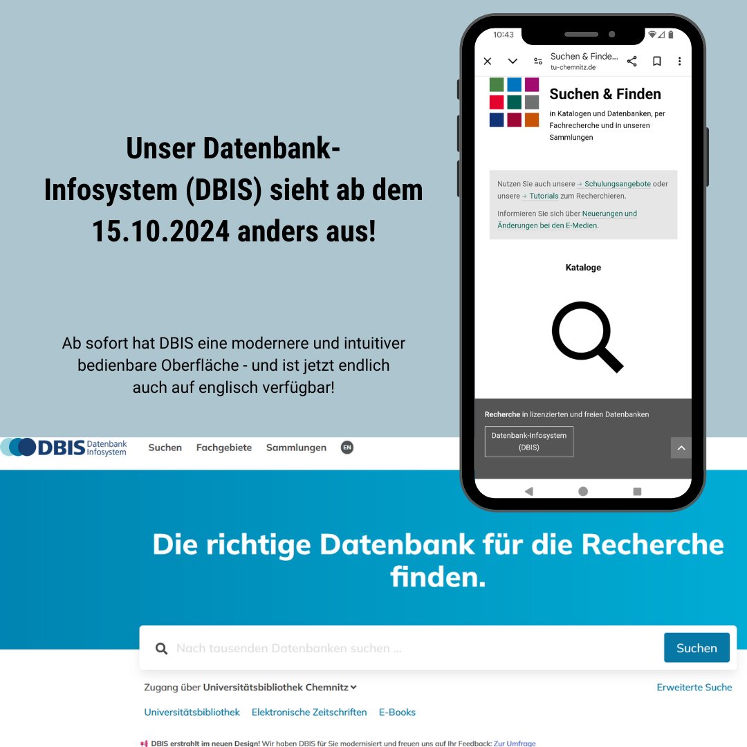 UBChemnitz's tweet image. 🇩🇪Ab sofort hat unser #Datenbank-Infosystem #DBIS eine neue, verbesserte Oberfläche - schaut mal rein! Besonders hilfreich: DBIS gibt es nun endlich auch auf englisch.
blog.hrz.tu-chemnitz.de/bibo/2024/10/1…

#ubchemnitz