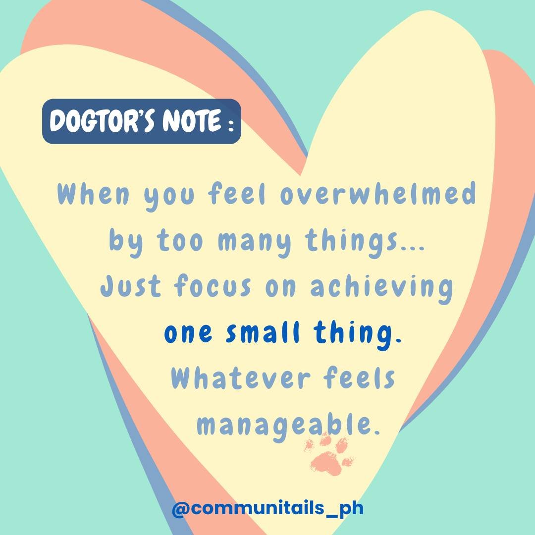 Life feels overwhelming when we try to achieve too many things at once. 

So let's slow down and take it one step at a time ☝️ 
Don't worry, we'll get there together 🐾

💙 Communitails' Dogtors

Like and Follow for more Dogtor Approved mental health quotes 🐶🐾✅
#MentalHealthPH