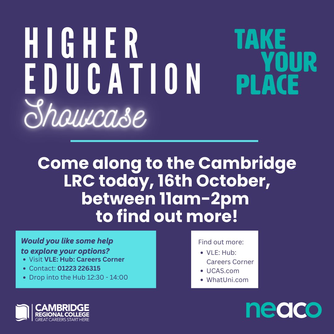 CRC_Huntingdon's tweet photo. Today's the day! Come along to the Higher Education Showcase in the Cambridge LRC between 11am and 2pm to explore higher education options with over 20 universities and CRC! Explore your next steps today. 

#WeAreCRC #Neaco #TakeYourPlace https://t.co/LV1aU2nJ4o