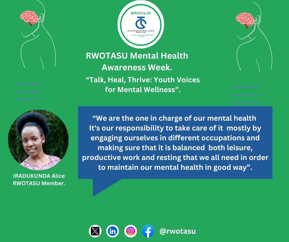 rwota_su's tweet photo. 🗣"It's our responsibility to take care of #mentalhealth mostly by engaging ourselves in different occupations and making sure that it is balanced  both leisure, productive work and resting that we all need in order to maintain our mental health in good way".
@thewfot https://t.co/wV6hlC0GEj