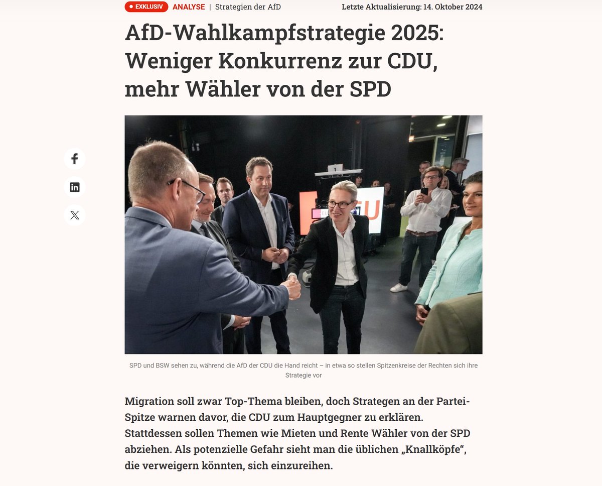 table media berichtet, die AfD wolle bei der Bundestagswahl vermehrt auf die Themen Rente und Wohnen setzen, um ehemalige SPD-Wähler:innen abzugreifen.
Nun ist die Wirtschafts- und Sozialpolitik der AfD Thema meiner Habilitation, daher ein 🧵.
(Im Blog: florisbiskamp.com/2024/10/16/ein… )