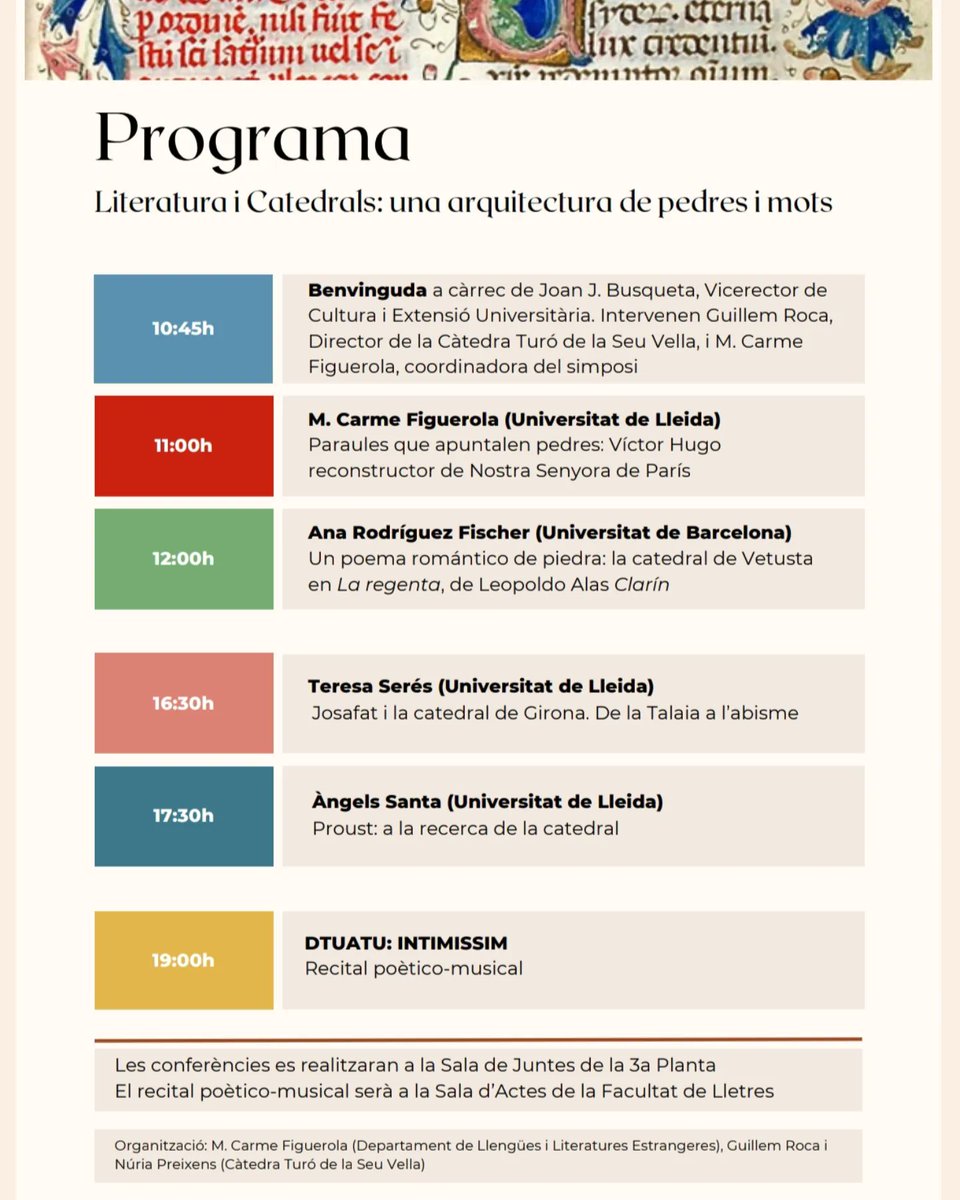 Aquest divendres 18 d'octubre us esperem al simposi Literatura i Catedrals: una arquitectura de pedres i mots, que organitzem des de la Càtedra en col·laboració amb el Departament de Llengües i Literatures Estrangeres de la <a href="/UdL_info/">Universitat de Lleida (UdL)</a> ✒️⛪