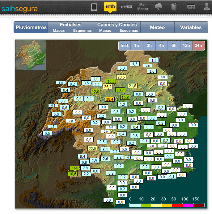 chsriosegura's tweet photo. 🌧️Precipitaciones registradas por visor #SAIH de @chsriosegura en las últimas 24 horas⌛️
☔Destacan los 38,4 mm caídos en #embalse #Cenajo, los 26,2 en #embalse de #Talave o los 22 mm en #emabalse #Valdeinfierno
💧Lluvias concentradas en cabecera y suroeste de cuenca del #Segura https://t.co/29iwRSLwoF