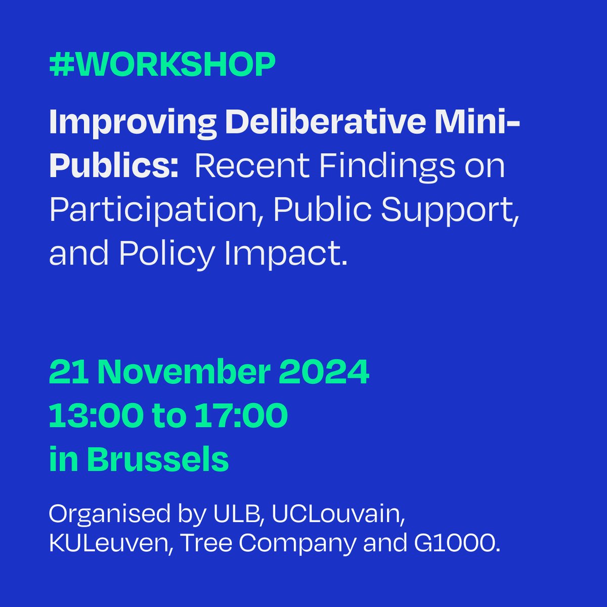 📢 Join us on Nov 21 in Brussels for a workshop on improving deliberative mini-publics! 🎯 Topics: participation, public support, &amp; policy impact. Register now! 🔗 international.treecompany.be/masterclass-de…

<a href="/jbpilet/">Jean-Benoit Pilet</a> <a href="/CamilleDobler/">Camille Dobler</a> <a href="/EerselsBen/">Ben Eersels</a> @treecomp @KristofJacobs1 and more.