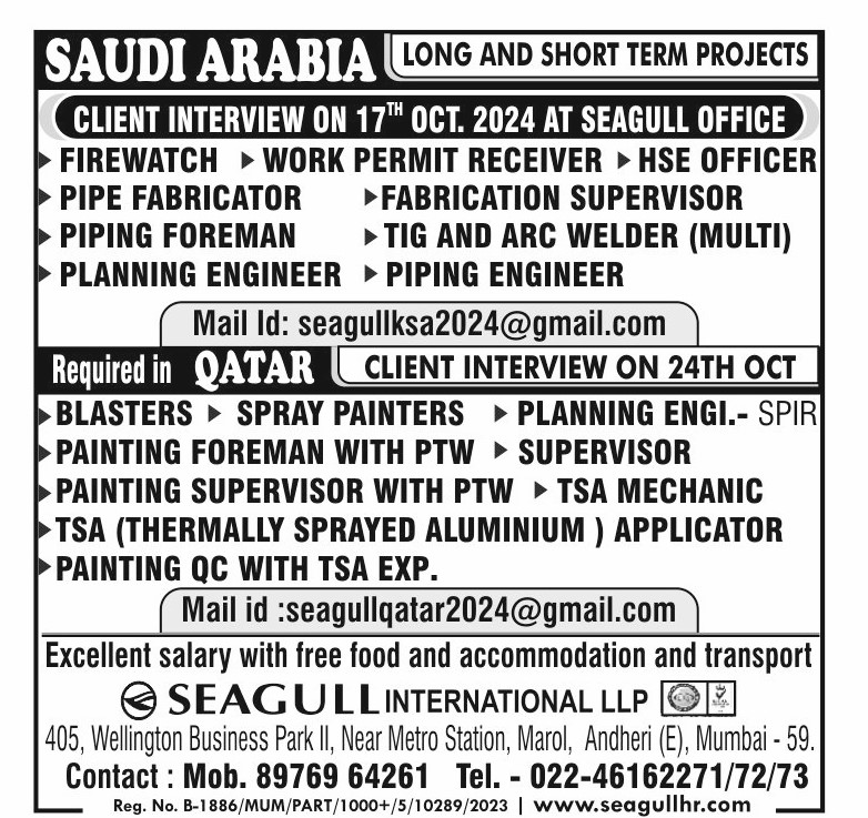 hrd1_seagull's tweet image. 🇸🇦Saudi Arabia Jobs
💻 Client Interview On 17th At Seagull Office
📍Location- Mumbai

#saudiarabiajobs #firewatch #pipingengineer #pipingforeman #tigandarcwelder

🇶🇦Qatar Jobs 
💻 Client Interview On 24th 
📍Location- Mumbai

#qatarjobs #blasters #spraypainter #tsamechanic