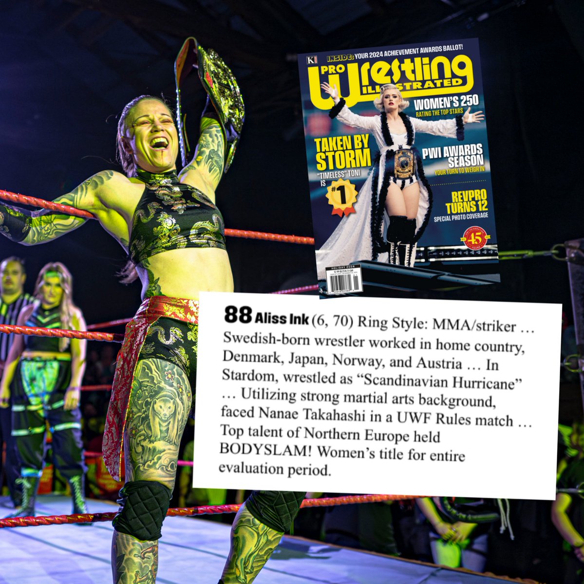 BODYSLAM Wrestling (@bodyslamprowres) on Twitter photo Congratulations to BODYSLAM Women's Champion Aliss Ink on once again placing in this year's <a href="/OfficialPWI/">PWI (Pro Wrestling Illustrated)</a> Women's 250.
An accomplishment for herself as well as Scandinavian wrestling.
Photo: Joachim Vilstup Congratulations to BODYSLAM Women's Champion Aliss Ink on once again placing in this year's <a href="/OfficialPWI/">PWI (Pro Wrestling Illustrated)</a> Women's 250.
An accomplishment for herself as well as Scandinavian wrestling.
Photo: Joachim Vilstup