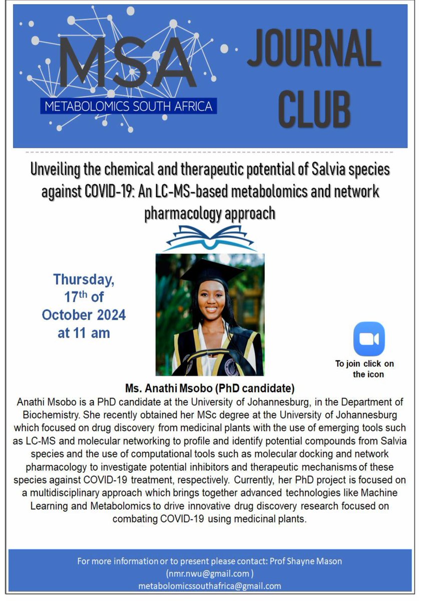 We have an exciting webinar coming up, Ms Anathi Msobo will present on: Unveiling the chemical and therapeutic potential of Salvia species against COVID-19: An LC-MS-based metabolomics and network pharmacology approach.
🗓️ 17 Oct
⏰ 11 am
<a href="/Imbewu_MG/">Imbewu Metabolomics Group</a>  #NetworkPharmacology