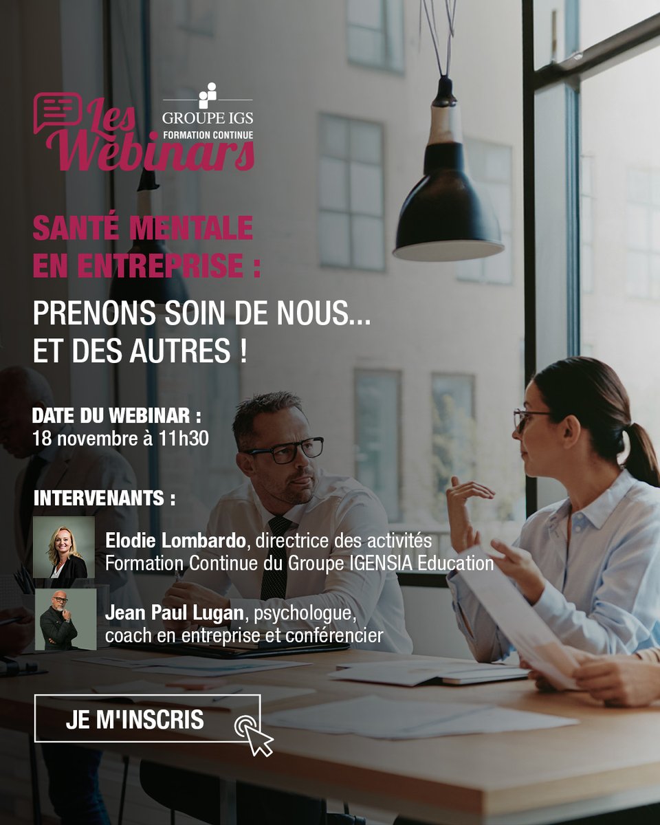 #webinar | Découvrez la nouvelle thématique #QVT que nous vous proposons en webinar ! Pour s'inscrire c'est ici 👉🏼
webikeo.fr/webinar/sante-…

Elodie Lombardo et Jean-Paul Lugan interviendront pour parler de santé mentale en entreprise, un sujet encore trop peu évoqué.